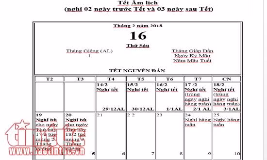 Lịch nghỉ tết Nguyên đán 2018 theo tờ trình của Bộ LĐTBXH.