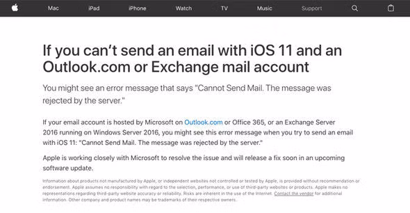 Không thể gửi email bằng Outlook.com: Người dùng nhận được tin nhắn báo lỗi khi muốn gửi thư điện tử bằng tài khoản của Microsoft, Office 365 hoặc Outlook.com. Vào Cài đặt>Tổng quan>Cập nhật phần mềm để khắc phục.