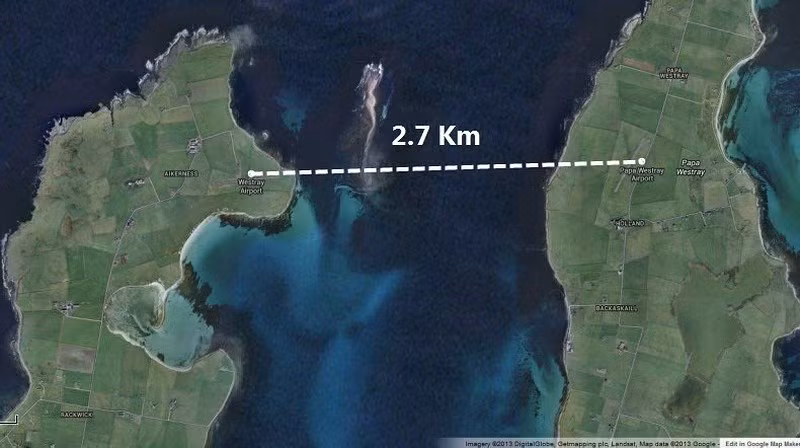 Chuyến bay giữa hai đảo của Orkney, Scotland: đảo Westray và đảo Papa Westray với khoảng cách 2,7 km (1,7 dặm), là chuyến bay có hành trình ngắn nhất trên thế giới tính đến tháng 12/2016.