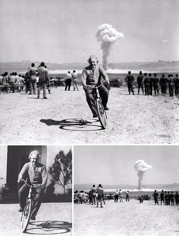 Nhà thiên tài Albert Einstein cũng từng gây sốc cộng đồng mạng với khoảnh khắc ông đạp xe vội vã rời khỏi bãi thử bom hạt nhân? Bức ảnh trên là sản phẩm cắt ghép khéo léo từ tấm ảnh Einstein đạp xe trong khuôn viên nhà riêng với background là hiện trường vụ nổ.