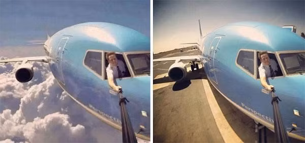 Khoảnh khắc phi công selfie khi đang bay trên trời (trái) từng là bức ảnh ''đánh lừa'' cả thế giới, thậm chí khiến nhiều người ''ném đá'' vì tưởng là thật. Sự thật thì đây là sản phẩm của công nghệ cắt ghép ảnh và chiếc máy bay đã hạ cánh an toàn khi người phi công chụp ảnh.