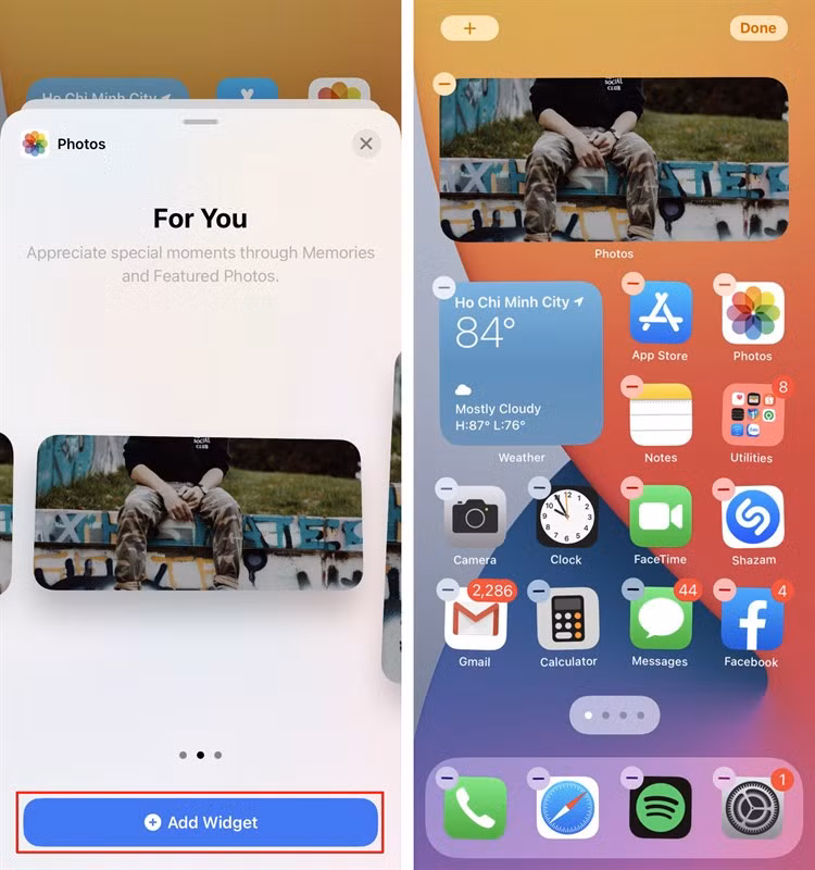 Bước 2: iPhone sẽ hiển thị các widget có sẵn như Ghi chú, Ảnh, Đồng hồ, Pin... Bạn chọn một widget bất kỳ, sau đó vuốt từ phải sang trái để thay đổi kích thước tùy vào nhu cầu sử dụng.