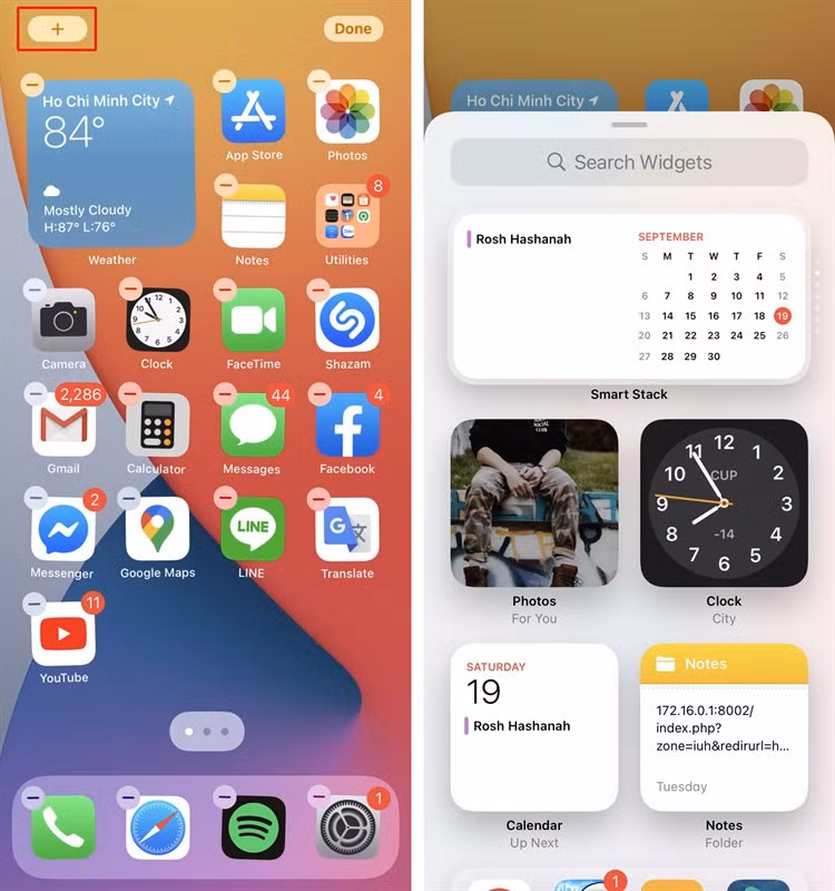 Bước 1: Trên iOS 14, bạn nhấn giữ vào một khoảng trống bất kỳ trên màn hình cho đến khi các ứng dụng bắt đầu lắc lư và có thể di chuyển. Sau đó, nhấn vào Dấu cộng để chọn tạo Widgets.