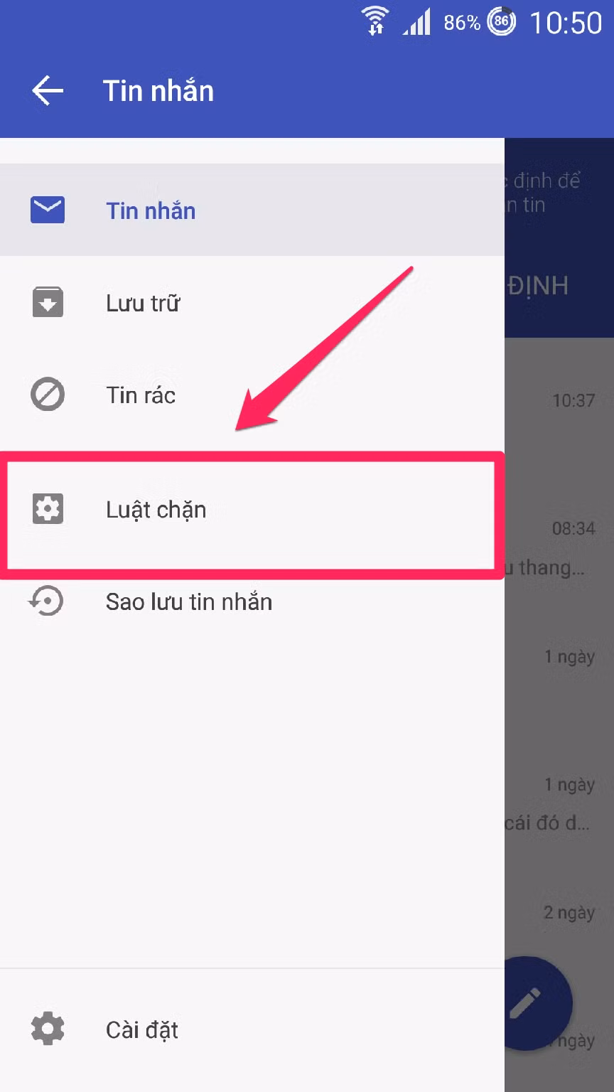 Chọn Luật chặn và bấm vào dấu ''+'' để tùy chọn thêm tin nhắn, thêm từ khóa, thêm điện thoại cần chặn.