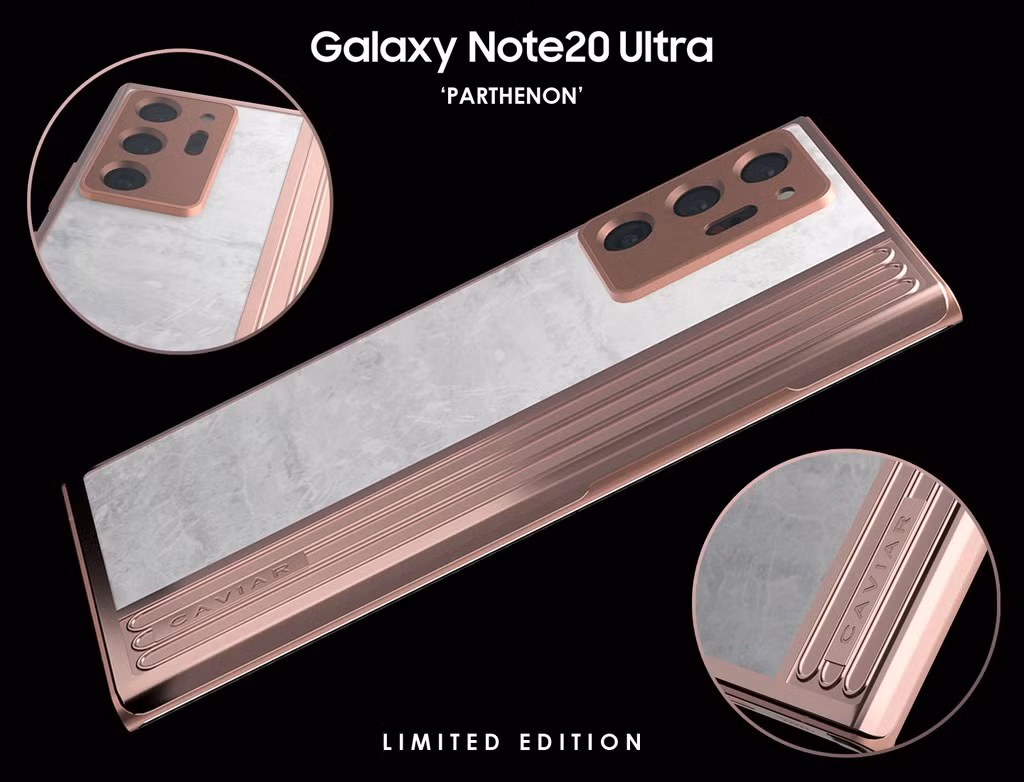 Note20 Ultra Parthenon Edition sử dụng chạm khắc bằng đá cẩm thạch màu trắng/xám nhạt và ba cây trụ đền bằng vàng hồng nằm bên phải. Mức giá là 5.750 USD.