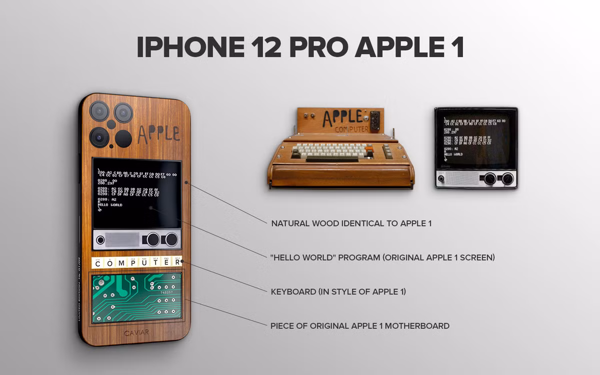 Dựa trên thiết kế của dòng máy tính đã được Apple bán ra từ hơn 4 thập kỷ trước, chiếc iPhone 12 Pro độc đáo với điểm nhấn là mặt lưng bằng gỗ sáng. Máy trang bị màn hình titan thu nhỏ có thể chạy chương trình ''Hello World'' từng được tích hợp trên Apple I và các nút bàn phím hiển thị chữ ''Computer".