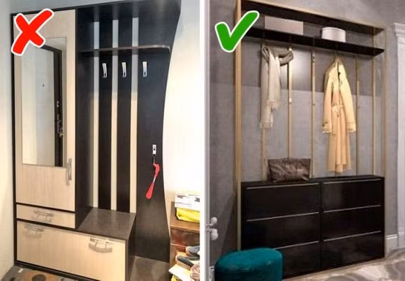 Những món đồ nội thất đồ sộ đã lỗi thời, có thể phá hỏng hình ảnh ngôi nhà. Thay vào đó, hãy khoan những chiếc móc vào tường hoặc một đồ trang trí.