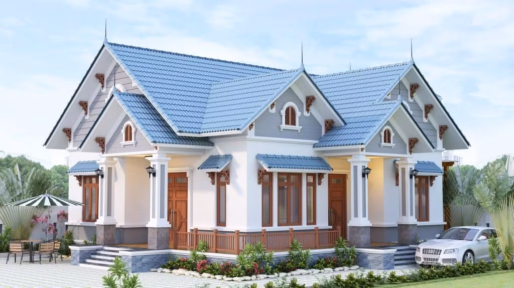 Ngoài mái thái xanh dương ấn tượng, ngôi nhà còn tích hợp nhiều không gian khác nhau đem tới sự sang trọng. Ảnh: Noithatduongdai.