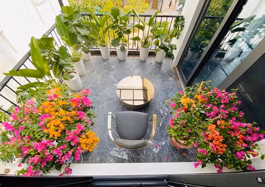 Góc ban công khá rộng cũng được Lã Thanh Huyền tận dụng để bày nhiều cây cảnh và những chậu hoa bắt mắt.