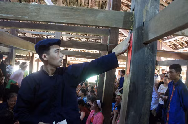 Dán bùa trấn những tinh mộc sống lâu năm trong thân cây gỗ.