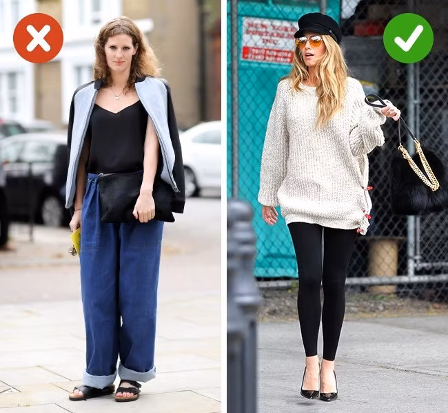 Quan niệm sai: Trang phục oversized phù hợp với mọi người. Quần áo rộng phù hợp hơn cả với phụ nữ cao và gầy vì chúng giúp họ trông đầy đặn hơn. Đối với những cô nàng thấp bé, điều quan trọng là bạn phải cân bằng giữa tỷ lệ cơ thể và tránh mặc nhiều hơn một món đồ oversized.