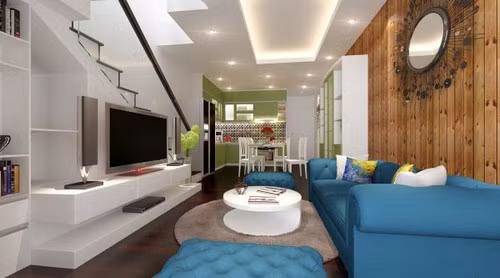 Bằng cách tạo sự liên thông giữa phòng bếp và phòng khách và sự kết hợp 2 tone màu xanh khéo léo, gia chủ đã biến nơi đây thành một không gian sinh động và cá tính hơn bao giờ hết, mang lại bầu không khí dễ chịu, vui vẻ.