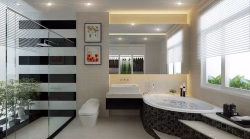 Đi kèm với cặp đôi trắng - đen chủ đạo đan xen là cách lấy sáng không kém phần tinh tế, mang lại sự sang trọng, hiện đại cho phòng tắm.