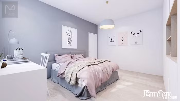 Không gian phòng ngủ Không gian phòng ngủ với nội thất tương đối nhẹ nhàng và êm dịu từ tường nhà màu ghi xám đến chăn, ga, gối. Màu sắc tươi sáng giúp phòng được nới rộng ra nhiều hơn.