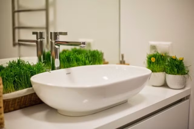 Thêm pha những chi tiết nhẹ nhàng từ vật dụng trang trí như những chậu hoa đặt ở gần chậu rửa mặt cũng đủ mang đến vẻ thu hút đặc biệt cho không gian thư giãn này.