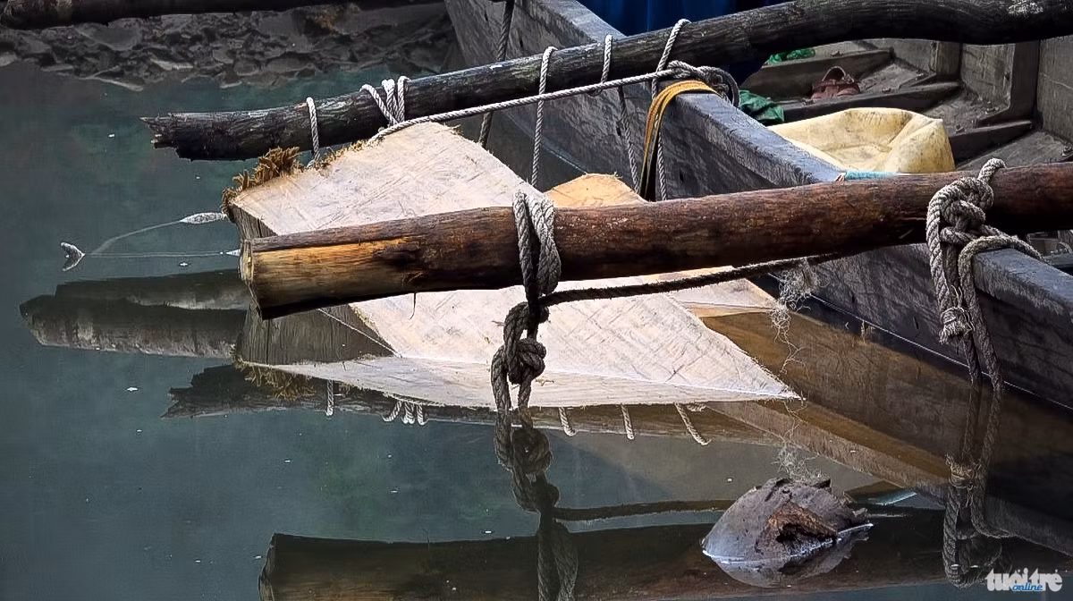 Gỗ lậu được lấy từ lòng hồ, dùng thuyền máy lai dắt gỗ vào bãi tập kết gần bờ.