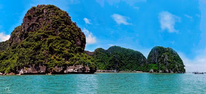Dường như núi đá vôi trên vịnh cũng biết mùa thu đến, nên phủ màu ngắt.