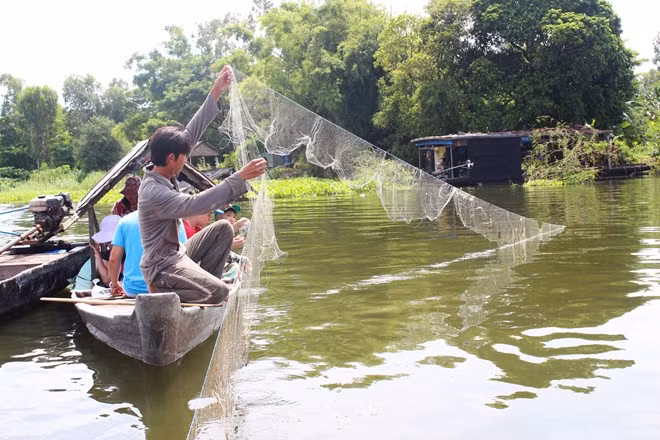 Búng Bình Thiên (An Giang) là một trong những hồ nước ngọt lớn nhất của Tây Nam Bộ, nằm gần biên giới Campuchia, thông với sông Bình Di (An Phú, An Giang). Hồ gắn với truyền thuyết về một vị tướng lĩnh khi đến đây phát triển doanh trại, gặp hạn, đã khấn trời phật rồi đâm gươm vào đất. Một dòng nước từ đất phun lên, lâu dần, ngập thành hồ như hiện nay. Ảnh: An Huỳnh.