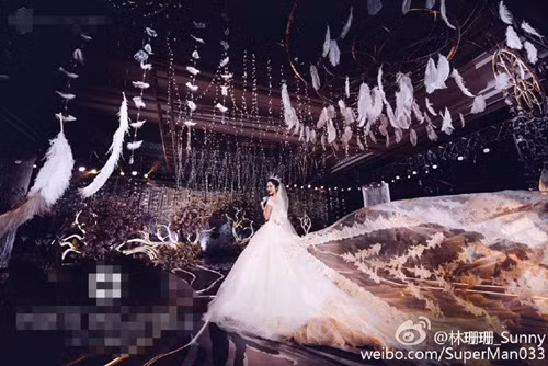 Đám cưới được tổ chức ở cả ngoài trời và trong hội trường. Tất cả đều được trang trí bằng hoa tươi nhập khẩu, pha lê, lông vũ và vô số phụ kiện đắt tiền.