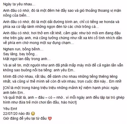 Những lời yêu thương bay bổng mà nam diễn viên kiêm MC sinh năm 1981 gửi đến bà xã trong một dịp kỷ niệm ngày đầu tiên nói lời yêu.