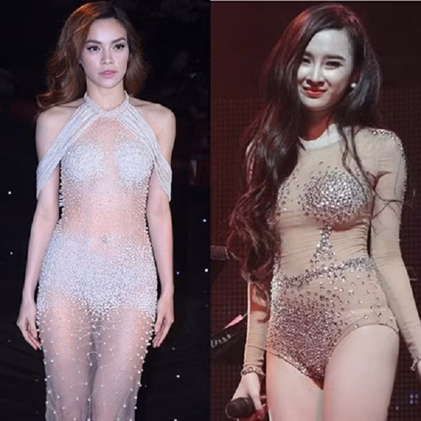 Sự tương đồng giữa váy của Hà Hồ và Angela Phương Trinh.
