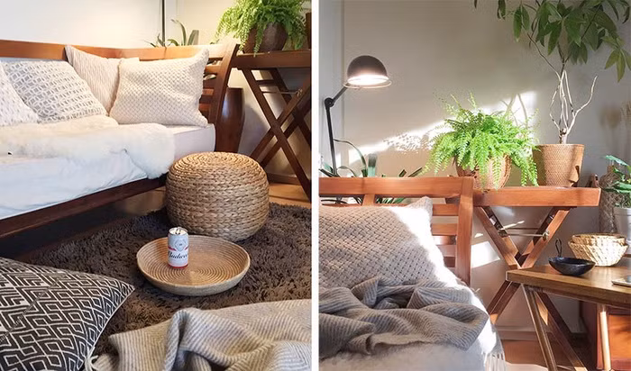 Ánh sáng được hỗ trợ tối đa. Màu của gỗ càng thêm thân thiện và ấm cúng hơn nhờ sự giúp đỡ của ánh sáng vàng từ đèn góc.