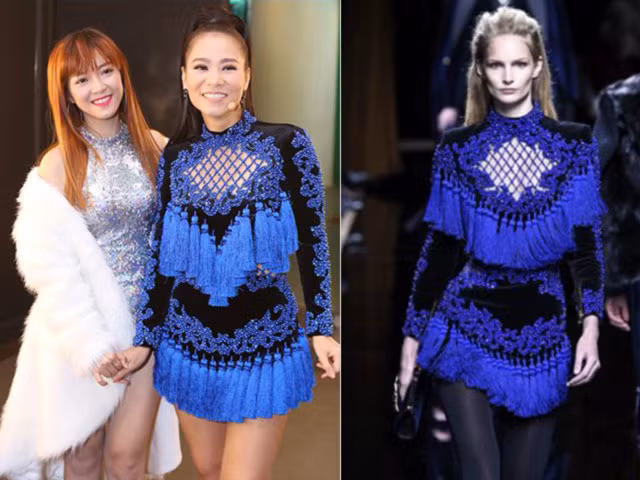 Chiếc váy mà nữ ca sĩ Thu Minh diện có nhiều chi tiết giống đến 90% với một thiết kế của thương hiệu Balmain.