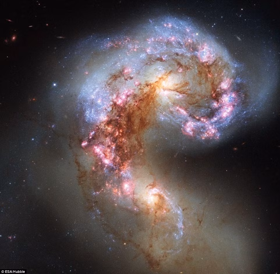 Thiên hà tái nạp: Kính thiên văn vũ trụ Hubble đã chụp được những hình ảnh rõ nét nhất về các thiên hà Antennae. Các thiên hà này, được biết đến với tên khoa học là NGC 4038 và NGC 4039, đang bị trói buộc trong "cái ôm" chết người. Thông thường, các thiên hà sẽ chia sẻ với nhau khoảng không gian vài trăm triệu năm ánh sáng. Bởi vậy, cuộc đụng độ giữa hai thiên hà này là vô cùng bạo lực đối với các ngôi sao của cả hai bên. Chúng bị tách khỏi thiên hà chủ để tạo thành một vòng cung ở giữa hai thiên hà.