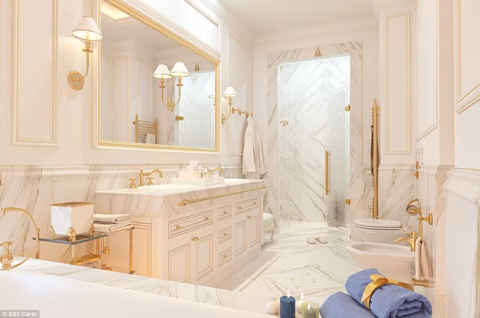Các nhà tắm khác trong biệt thự sang trọng cũng được ốp đá hoa cương trắng sang trọng, lịch lãm.