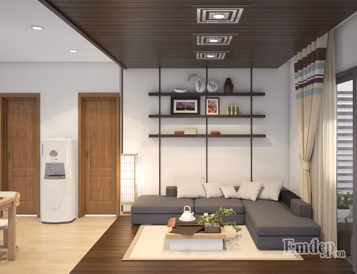 Những kệ gỗ nâu cũng được khéo léo gắn trên tường để trang trí các vật dụng.