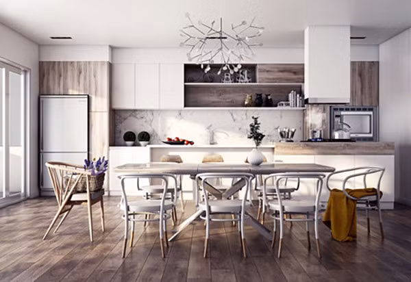 Trong phòng bếp cổ điển này, chiếc ghế ở đầu bàn ăn được thiết kế theo phong cách Scandinavia cổ điển, những chiếc ghế nhúng sơn màu trắng xám của Michael Thonet có vẻ kết hợp rất ổn với đá cẩm thạch ốp tường bếp cũng như màu trắng nội thất và tone màu gỗ của tủ bếp.