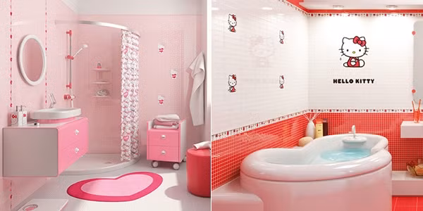 Phòng tắm chủ đề Hello Kitty: Cô mèo ngộ nghĩnh không miệng đã trở thành hình ảnh không bao giờ phai, gắn liền với tuổi thơ của những cô công chúa đáng yêu. Hãy để bé mê tít không gian này mỗi ngày.
