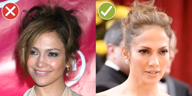 1. Tham đánh rối, tạo độ phồng: Gương mặt của Jennifer Lopez khi búi mái tóc lên cao nhìn gọn gàng, trẻ trung hơn hẳn với kiểu tóc.
