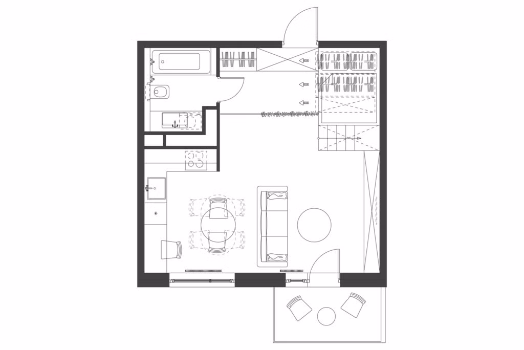 Mặt bằng căn hộ 35 m2. Theo kiến trúc sư, khi cần thiết sofa có thể được kéo áp tường để mở rộng căn bếp, phục vụ mở một bữa tiệc cho 10 người một cách thoải mái.