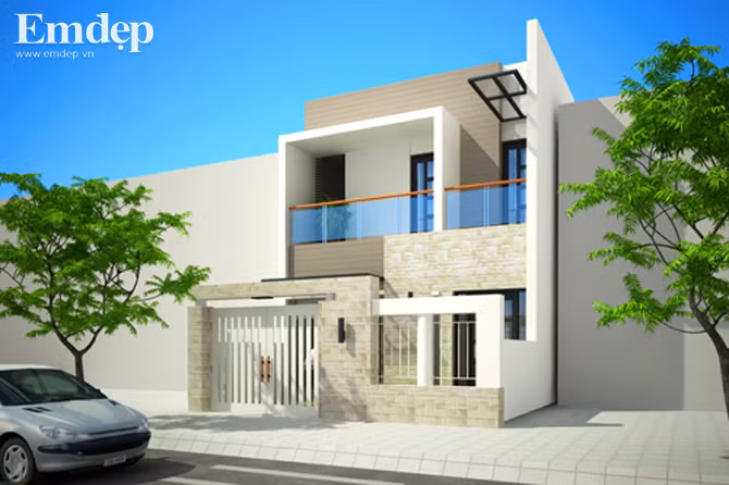 Phối cảnh mặt tiền ngôi nhà đơn giản nhưng hiện đại, trẻ trung.