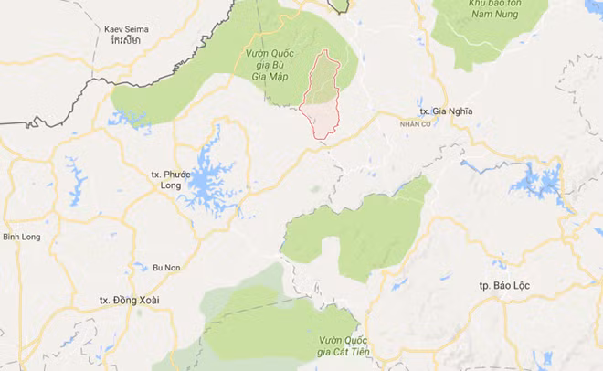 Xã Đắk Ngo, huyện Tuy Đức, Đắk Nông (vòng đỏ) - nơi xảy ra sự việc. Ảnh: Google Maps.