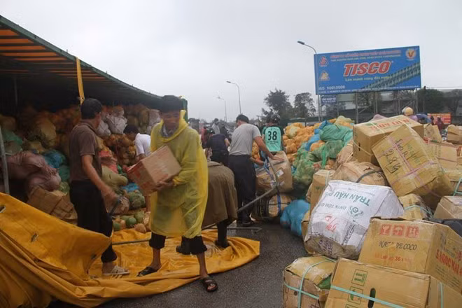 Người dân gom dừa giúp tài xế giữa trời mưa khi chiếc xe container gặp nạn.