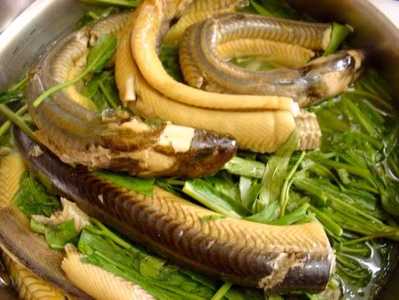 Lươn um rau ngổ: Lươn nguyên con làm sạch, chặt làm ba khúc nấu với gia vị riêng và nước dừa tươi tạo vị bùi béo thơm ngon rất đặc trưng.