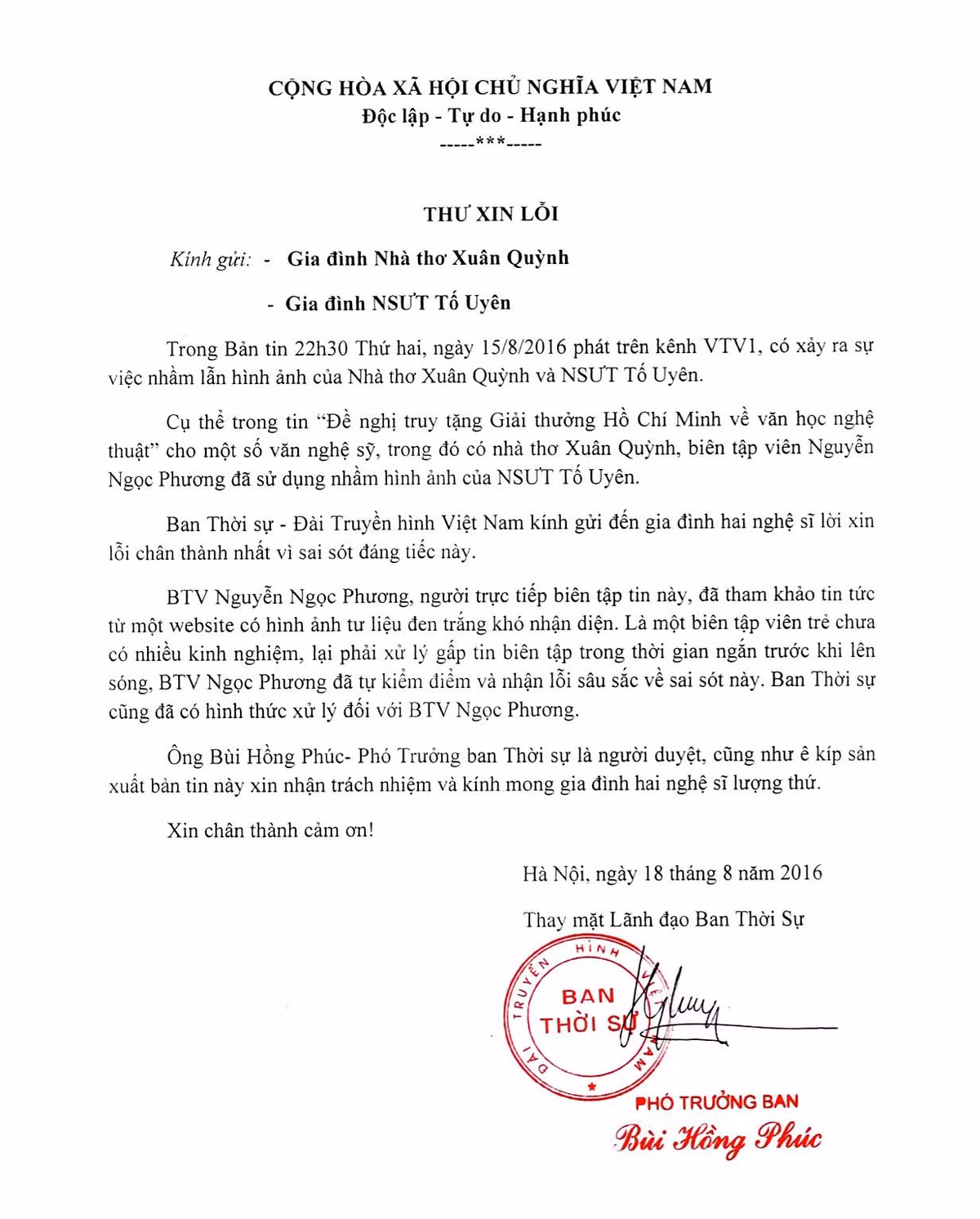 VTV xin loi gia dinh nha tho Xuan Quynh vu nham anh