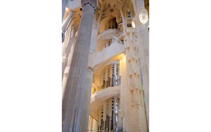 Vương cung thánh đường Sagrada Familia, Barcelona (Tây Ban Nha): Kiến trúc sư Gaudi hình dung ra một tán cây rừng khi thiết kế mái nhà thờ Công giáo La Mã này. Các cầu thang xoắn ốc dẫn lên tháp xây cao, bọc lấy những bức tường, thậm chí không có lan can ngăn cách giữa các đỉnh.