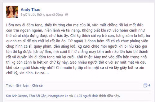 Đến mức ca sĩ Thanh Thảo sau khi đến viếng ra về đã bức xúc chia sẻ trên trang Facebook cá nhân: "Hôm nay đi đám tang, thấy thương cho mẹ của Bi, vừa mất chồng rồi lại mất đứa con trai ngoan ngoãn, hiền lành và tài năng. Chỉ không thích cái vụ trẻ con, hàng xóm la hét, bu quanh ca sĩ để xin chữ ký rất ồn ào. Từ ngoài 3 đoạn hẻm đã có cả chục phóng viên chụp hình ca sĩ, quay phim, đèn sáng lóa.”