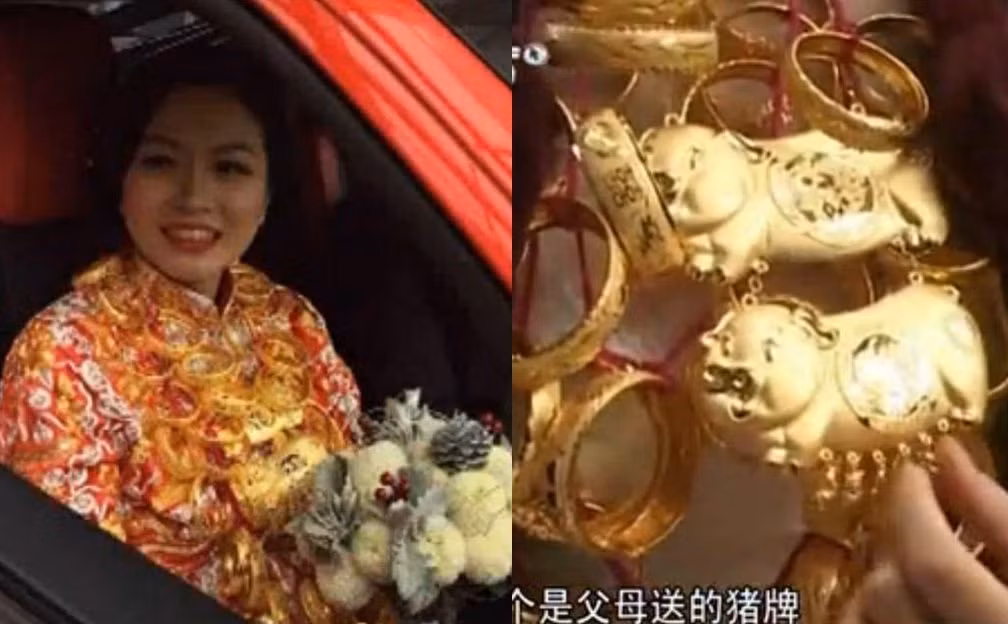Cuối năm 2014, một thiếu nữ là con gái lớn của một đại gia ở Thâm Quyến lên xe hoa cùng chú rể người Thành Đô, tỉnh Tứ Xuyên. Cô được chú rể đón bằng xế hộp là chiếc Ferrari màu đỏ trang trí hoa tươi. Cô dâu diện trang phục cưới truyền thống với hơn 40 chuỗi vòng vàng đeo trên người.