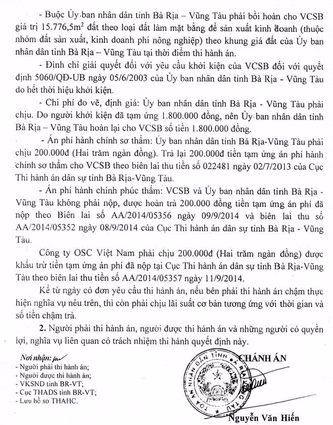 TAND tỉnh Bà Rịa - Vũng Tàu đã có quyết định thi hành án nhưng UBND tỉnh và các bên liên quan chưa thực hiện.