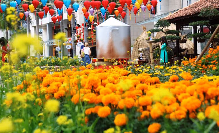 Đường hoa Xuân Phú Mỹ Hưng 2017 tái hiện khung cảnh làng quê Việt no ấm, sung túc và được chia làm 4 khu vực.