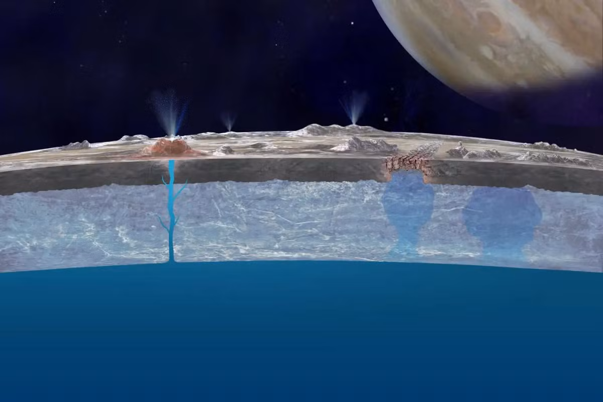 Một trong những điểm đặc biệt của Europa là đại dương ngầm dưới lớp băng dày. Các nhà khoa học tin rằng đại dương này có thể chứa lượng nước gấp đôi so với tất cả các đại dương trên Trái Đất cộng lại. Điều này mở ra khả năng tồn tại của các dạng sống vi sinh vật, tương tự như những gì chúng ta tìm thấy ở các vùng biển sâu trên Trái Đất.(Ảnh: New Scientist)
