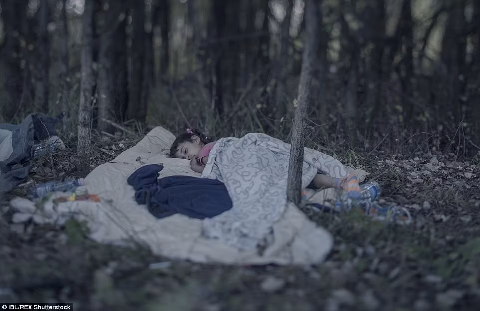 Bé Lamar, 5 tuổi ngủ trên một tấm chăn trong khu rừng gần Horgos, Serbia.