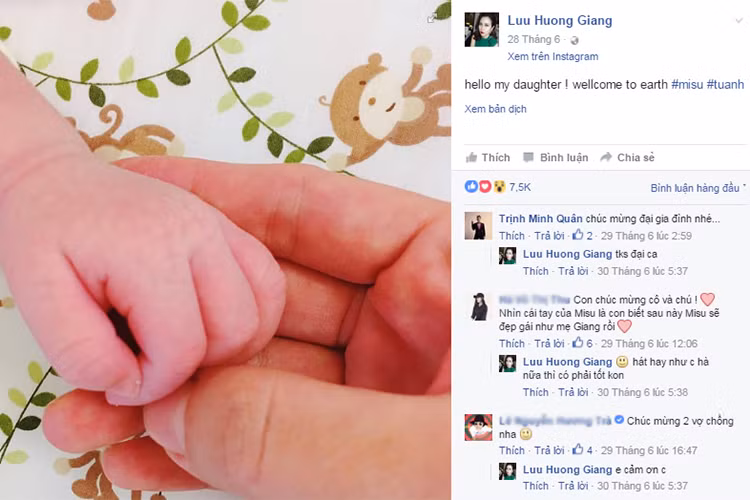 Trước đó, Lưu Hương Giang khoe ảnh bàn tay nhỏ xíu của cô con gái thứ 2 kèm chú thích tiết lộ tên thân mật và tên thật của bé.