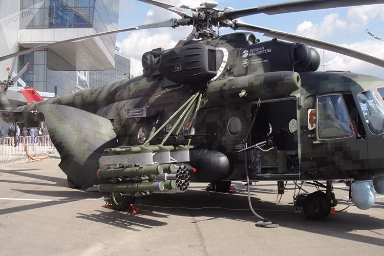 Các vũ khí Mi-171SH có thể mang theo ở hai bên cánh, gồn tên lửa chống tăng dẫn đường và rokcet phóng loạt. Nguồn ảnh: Sputnik.