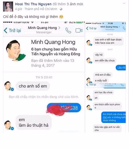 Tiếp sau clip xin lỗi đầy nước mắt đó, Minh Béo lại bị hoa hậu quý bà Thu Hoài tố có ý làm quen và dụ dỗ một ảo thuật gia trẻ với lời lẽ hết sức ngọt ngào. Nhiều người cho rằng Minh Béo lại “ngựa quen đường cũ”. (Ảnh: FBNV)