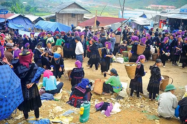 Đến phiên chợ du khách sẽ có cơ hội chiêm ngưỡng sắc màu Tây Bắc của chợ phiên vùng cao bên dãy núi đá sừng sững, cũng như ngắm nhìn những bộ trang phục đẹp mắt của các nền văn hóa thuộc các dân tộc như Mông, Xạ Phang, Dao,...